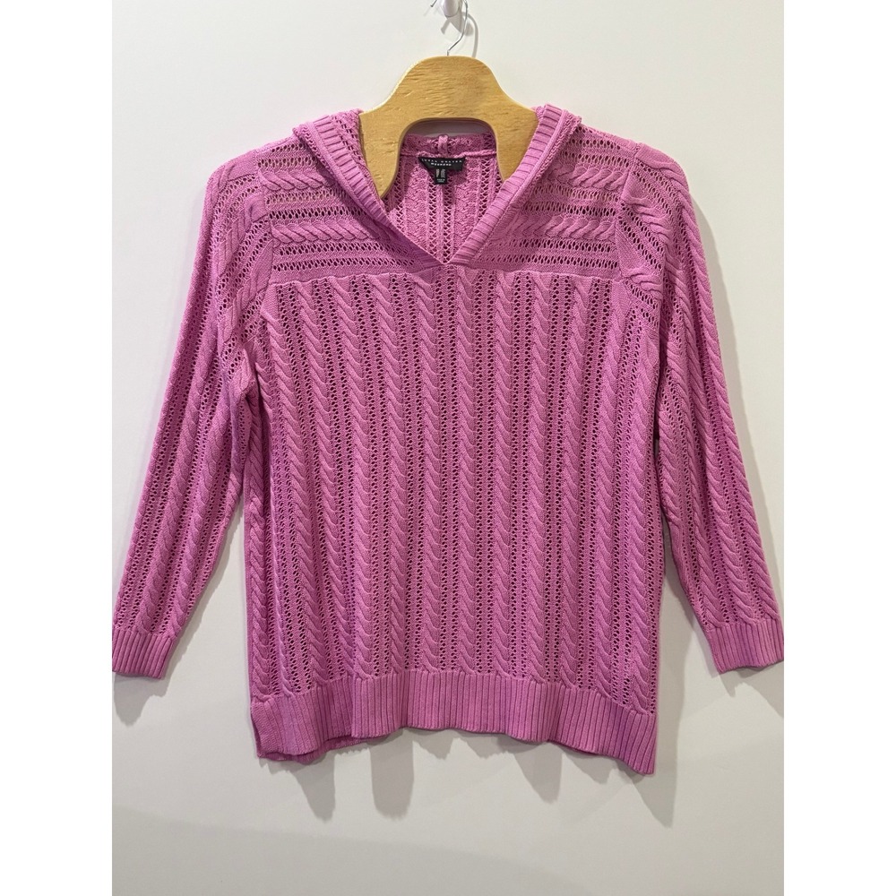 Susan Graver Weekend Pink Cable Pointelle Knit Hooded Sweater Women 2X Pullover